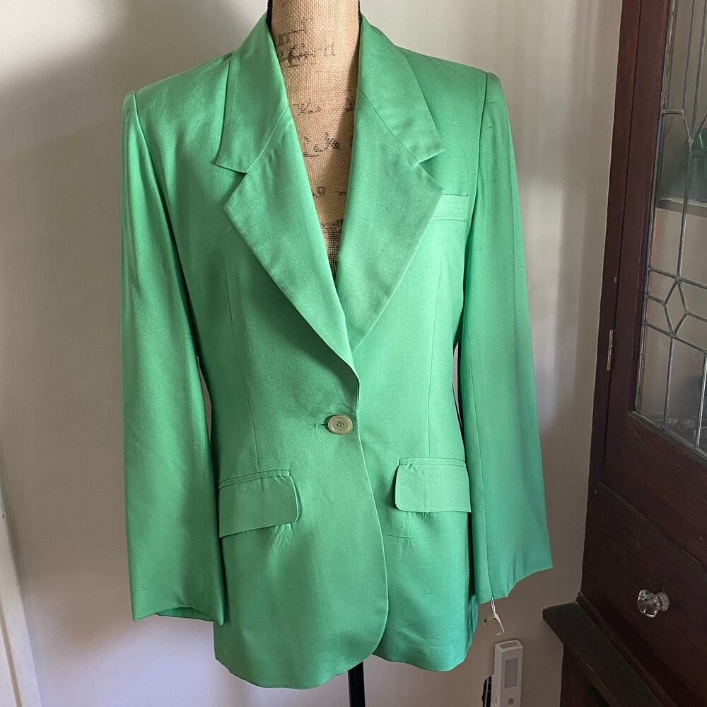 80s Silk Blazer Size 8 Vintage Jacket Kelly Green Longline Power Suit Corpcore